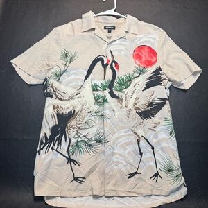 SOLD!!! Express Crane Print Button Front Shirt Size S Japanese Art Inspired